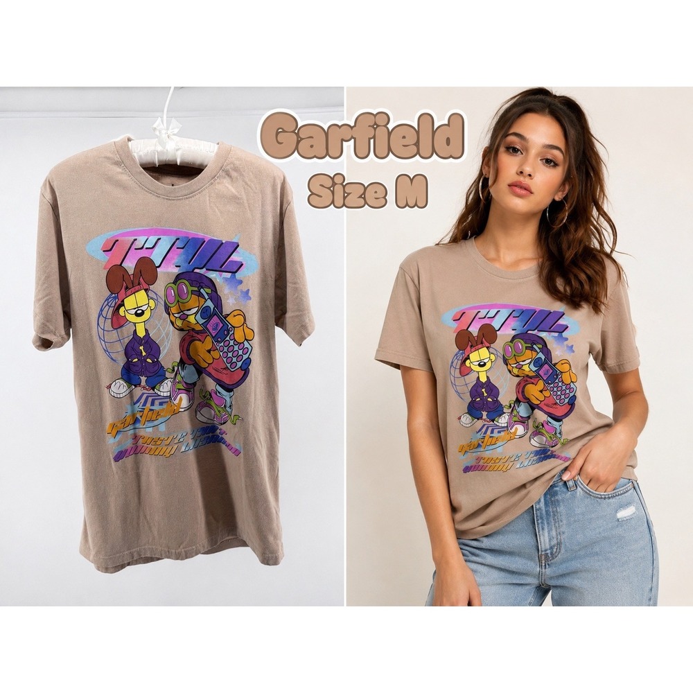 Nickelodeon Garfield Graphic T-Shirt Juniors Size M Beige Y2K Cartoon Retro
